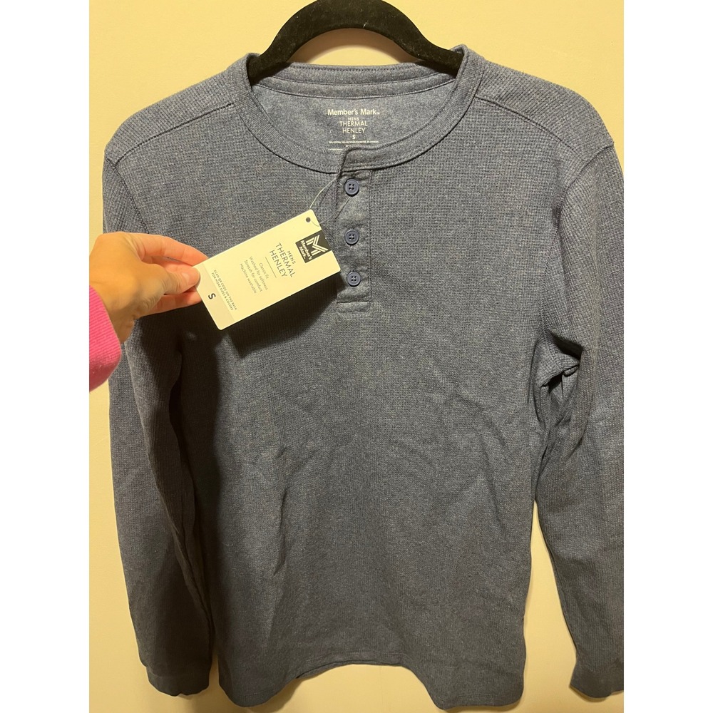 Member's Mark Mens Thermal Henley Shirt Blue Waffle Knit Long Sleeve Small NWT - Picture 3 of 4